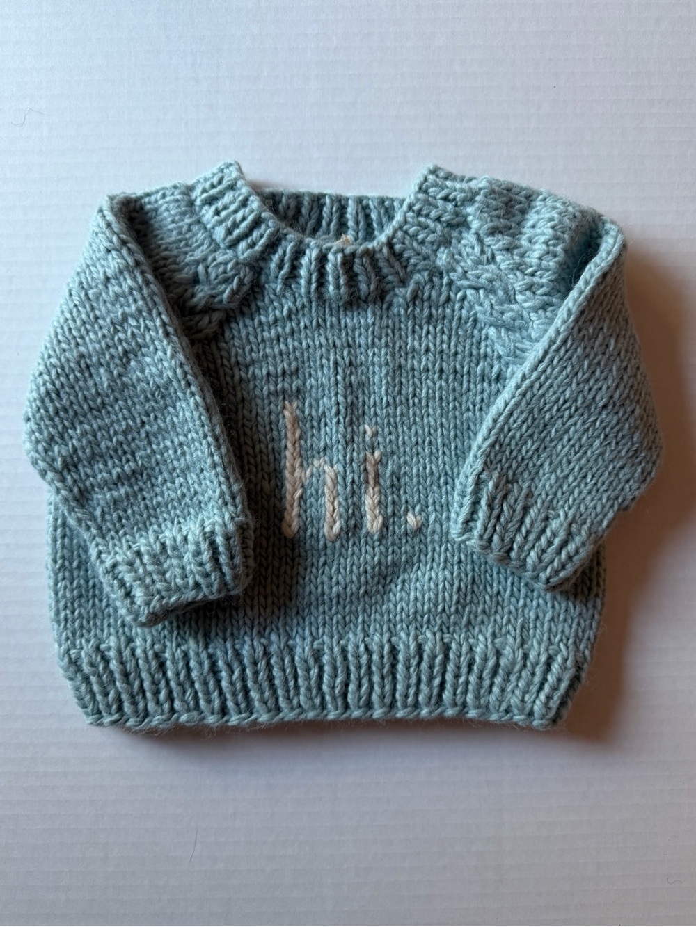 Huggalugs Sage Blue Chunky Knit “Hi.” Sweater 18-24M